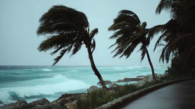 a hurricane on a coastal road, strong storm surge water crossing the pavement, tall palm trees bending violently in the wind, utility poles fading into fog and rain, blue
