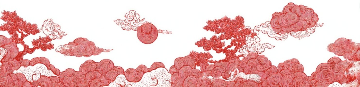 Crimson sky painting with trees, clouds, and a sun-like orb. Oriental art style
