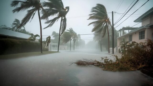 a residential street flooded during a hurricane, brown gray storm water covering the road, palm trees bending violently in strong wind, one fallen palm in the foreground, houses