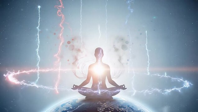 Heart Energy and Meditation Concept &ndash; Human Inner Power, Emotional Balance and Healing Energy Flow featuring meditating person with active Anahata chakra and energy waves