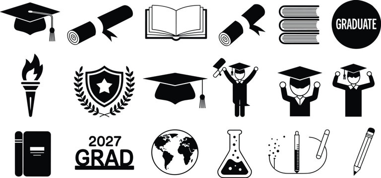 Graduation icons 2027 education design, academic success, diplomas, books, globe, torch, shield, laurel wreath, student achievement, learning milestone, celebration