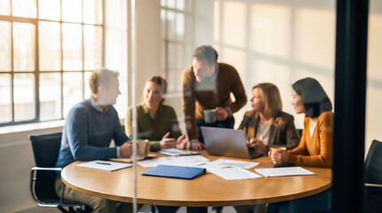 Obraz premium Diverse group of business professionals collaborating around a wooden conference table with laptop and papers in a modern office setting with large windows