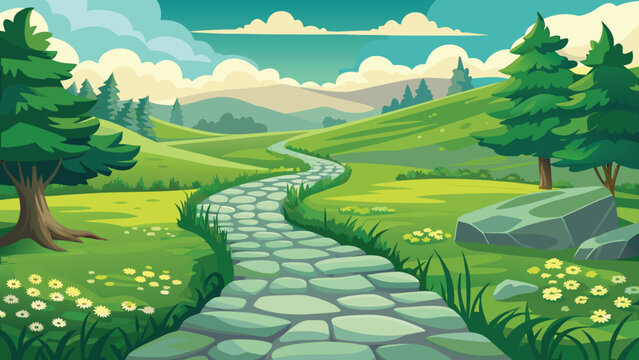 A serene stone path winds through a peaceful green meadow surrounded by tall pine trees and hills Vector