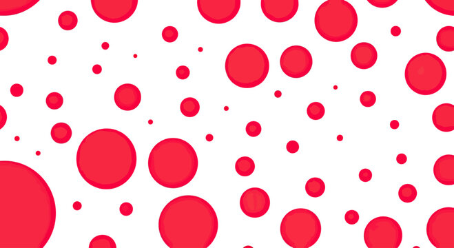 A playful, random scattering of vibrant red circles on a clean white background