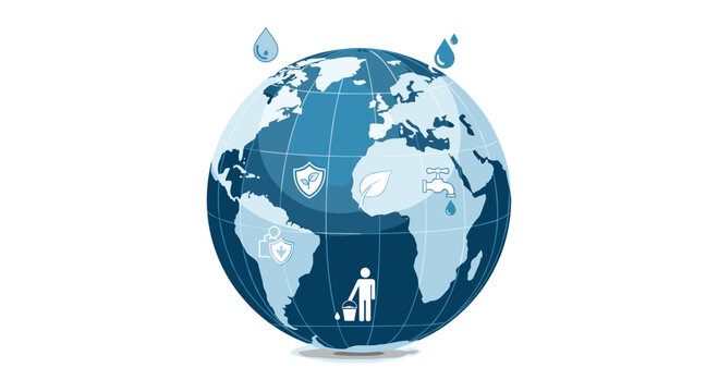 A detailed blue world globe displays various white sustainability icons like water taps and leaf shields against a clean and bright white background.