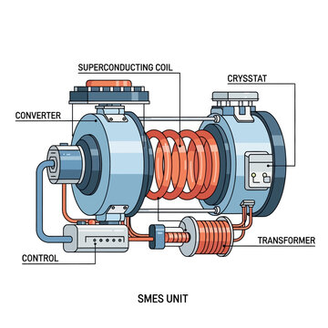 SMES Unit Diagram: Superconducting Coil, Cryostat, Converter, Transformer