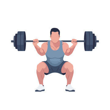 Man Performing Barbell Squat Exercise, Bodybuilder Training Strength