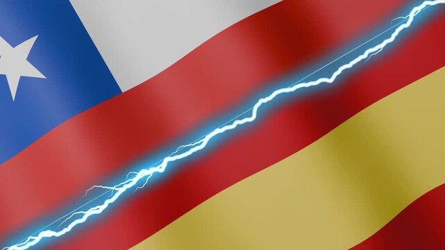 Two waving flags Chile and Spain with diagonal lightning seamless, 4k loop