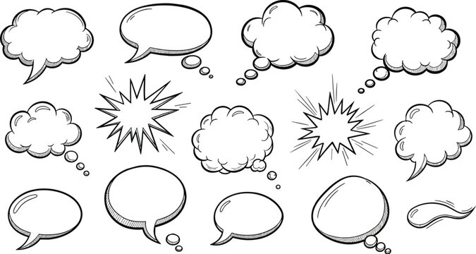 Retro comic speech bubbles and pop art explosion clouds vector set for vintage cartoon dialogue design