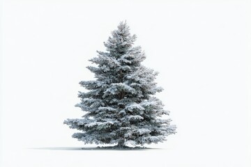 Fototapeta premium A full, snow-covered fir tree stands isolated against a stark, white backdrop