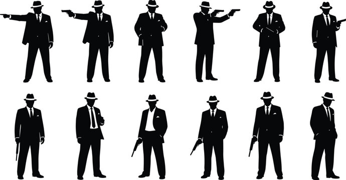 Gangster silhouettes with guns checkered background.