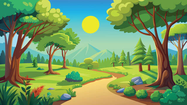 A beautiful cartoon landscape featuring a sunny day with trees and a winding dirt path forward. Vector