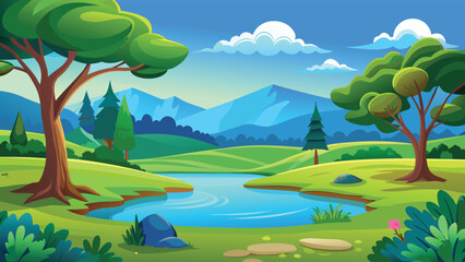 Fototapeta premium A vibrant digital landscape illustration featuring a calm pond surrounded by green trees and hills Vector