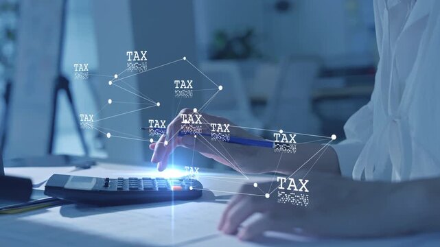 Digital tax filing Tax return financial planning analyzing  data revenue deductions filing income tax online payment mobile app computer technology. Business tax management economy 