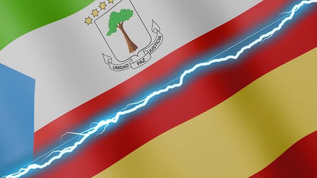Two waving flags Equatorial Guinea and Spain with diagonal lightning seamless, 4k loop