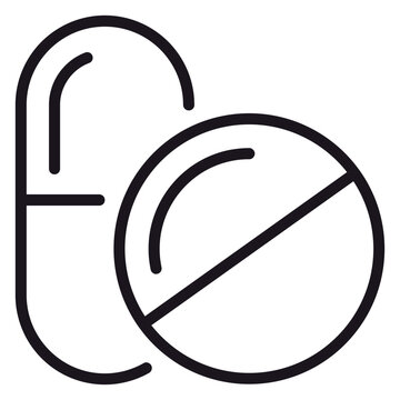 Minimalist black line art vector icon illustration of a medical capsule and round tablet pill, representing pharmacy, healthcare, medicine, and drug treatment on a white background.