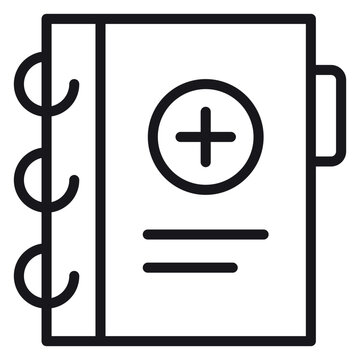 Medical record notebook vector icon, black silhouette illustration of a patient health history folder with a cross symbol, minimalist spiral binder for healthcare documentation and clinical data.