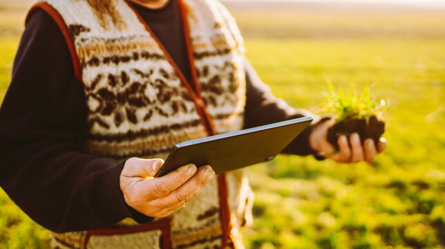 Experienced agronomist holds young plant and digital tablet in green agricultural field. Farmer checks quality of seedling with a tablet at sunset. Concept of ecology, agriculture, and control.