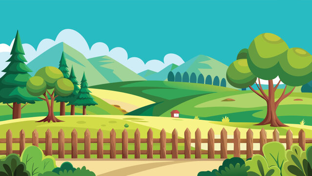 A vibrant cartoon landscape features rolling green hills under a bright blue sky with fluffy clouds Vector