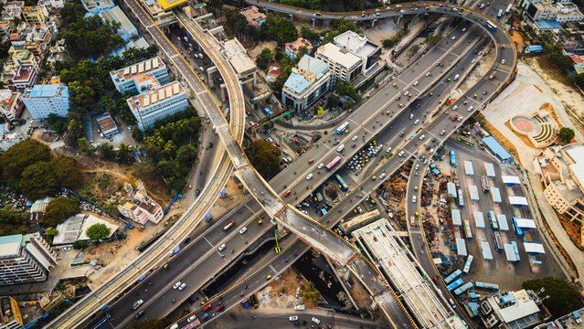 Aerial view of traffic congestion at Silk Board junction in Bangalore, highlighting urban population density and transport challenges in India