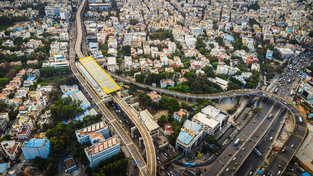 Aerial view of traffic congestion at Silk Board junction in Bangalore, highlighting urban population density and transport challenges in India