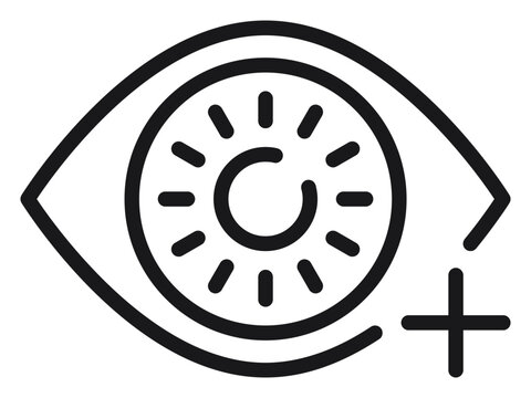 Black line vector icon illustration of a human eye with a plus sign symbol, representing vision enhancement, adding a view, ophthalmology health check, or monitoring observation.