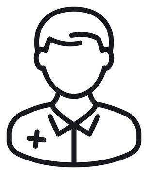 Black vector icon illustration of a male medical professional, doctor, or nurse in uniform with a cross symbol. Minimalist line art graphic for healthcare, medicine, and hospital services.