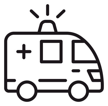 Ambulance vector icon illustration. Black outline symbol of an emergency medical vehicle with a flashing siren and cross. Minimalist graphic for healthcare, first aid, and rescue services.