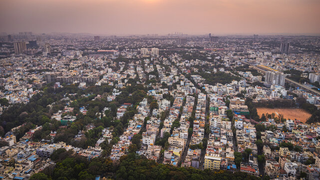 Aerial view of traffic congestion at Silk Board junction in Bangalore, highlighting urban population density and transport challenges in India