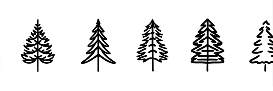 Five stylized black and white outline drawings of pine or fir trees in different shapes and detail