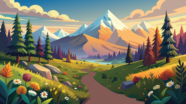 A vibrant mountain landscape painting featuring a winding path through a meadow of wildflowers. Vector