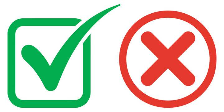 Green checkmark in a square and red cross in a circle icon set, success and error symbols, UI approval and rejection vector illustration