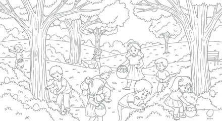 Obraz premium Several happy children are actively searching for hidden Easter eggs amongst the trees and bushes in a charming outdoor park setting, ready for creative coloring fun and festive holiday celebration.