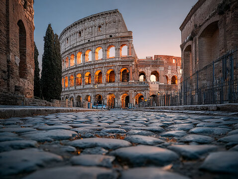 The iconic Roman Colosseum stands majestically at golden hour, illuminated by warm sunset light, viewed from a historic cobblestone street in Rome, Italy.