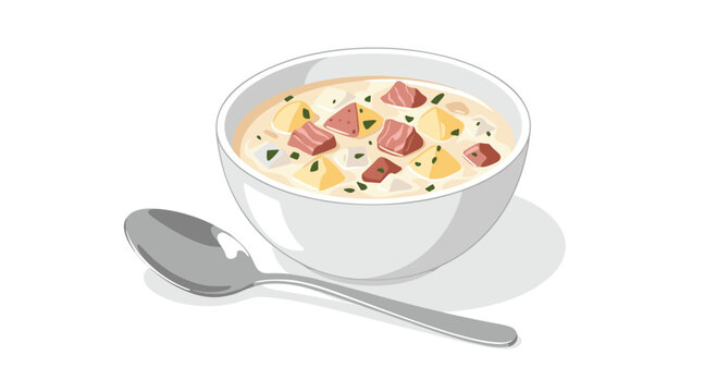 A delicious bowl of creamy seafood chowder filled with chunks of pink salmon and golden potatoes sits beside a polished silver spoon on a white background.