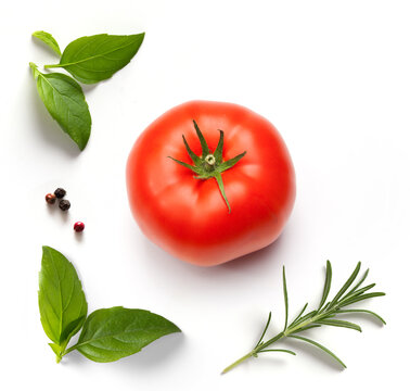 art Farm To Table Freshness And Healthy Eating Tomato With Basil Rosemary And Pepper On White