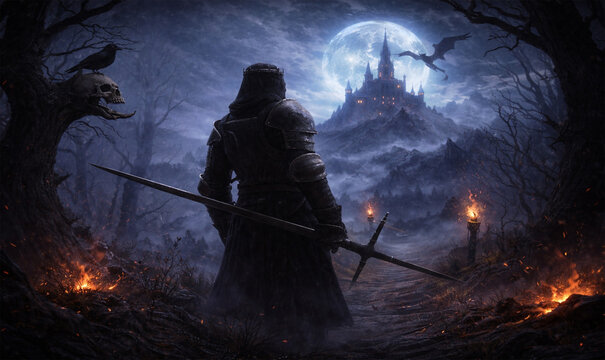 Dark Fantasy Knight Facing Castle Under Full Moon with Dragon and Fire Landscape