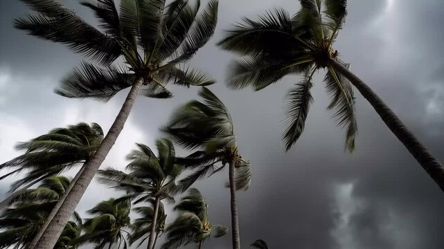 Palm trees bending in strong storm wind, tropical hurricane weather, extreme wind damage risk, dramatic climate and severe weather concept tall tropical palm trees bending dramatic
