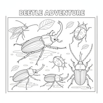 Beetle adventure illustration with various beetles and leaves on white background transparent background