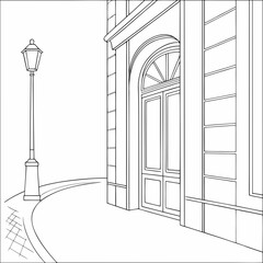 A black and white drawing of a building with a street lamp © Laki Khatun