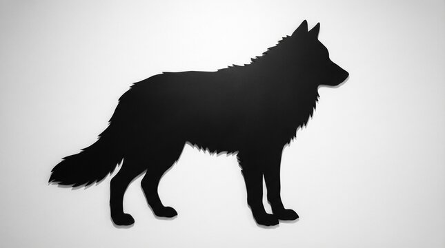 "Black silhouette of a wolf-like canine standing on four legs, facing right."