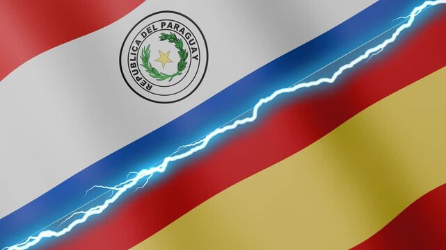 Two waving flags Paraguay and Spain with diagonal lightning seamless, 4k loop