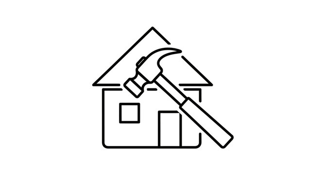 A black outline of a house with a hammer