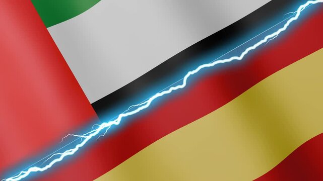 Two waving flags United Arab Emirates and Spain with diagonal lightning seamless, 4k loop