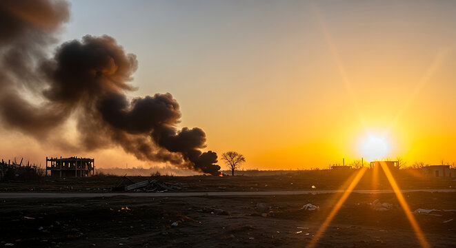 A desolate landscape with a burning building and thick black smoke rising into the sunset