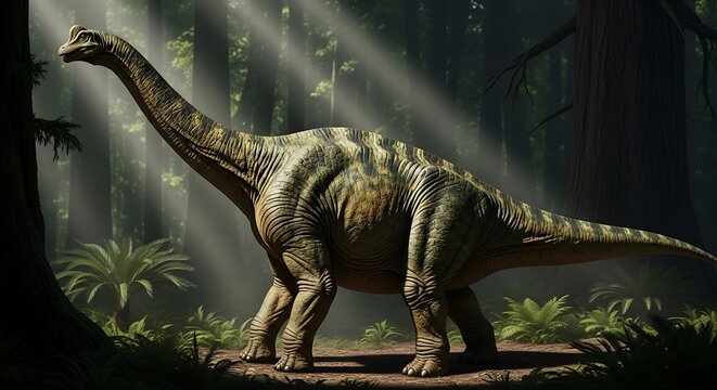 Massive Ferganasaurus moving gracefully through prehistoric marsh its long tail dragging through the wet ground The lush