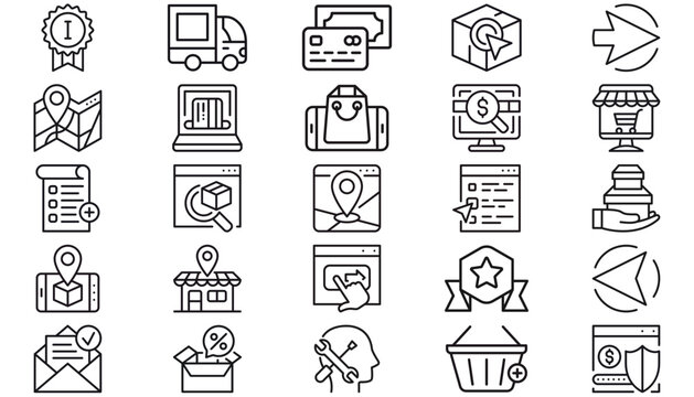 25 Minimalist Black Vector Icon Set for E-commerce, Logistics, and Business. Collection of Line Art Symbols for Online Shopping, Delivery, Finance, Web Navigation, Achievement, and Digital Marketing.