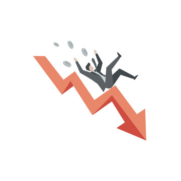 Businessman falling down alongside a red downward arrow representing financial loss and economic crash.