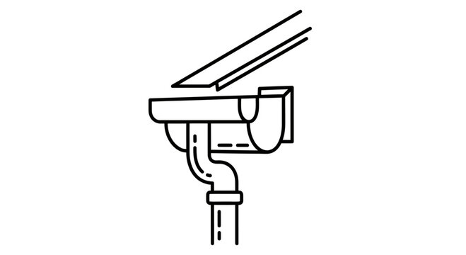 Line drawing of a gutter system, showing a downspout, elbow, and drip edge