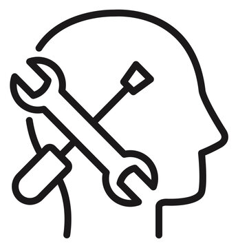 Black vector icon illustration of a human head silhouette with a crossed wrench and screwdriver inside, symbolizing mental health repair, cognitive therapy, technical skills, and problem solving.